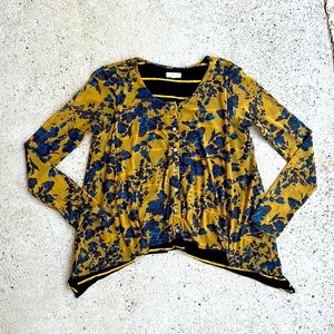 Anthropologie Weston floral mesh over navy/yellow stripes button front top Large